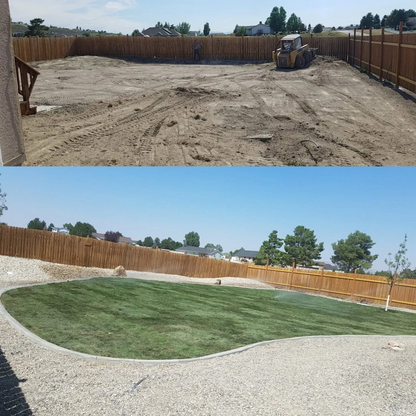 Before and after of a fenced backyard: graded dirt with a skid steer, then a curved sod lawn with concrete mow curb, white gravel beds and a boulder.