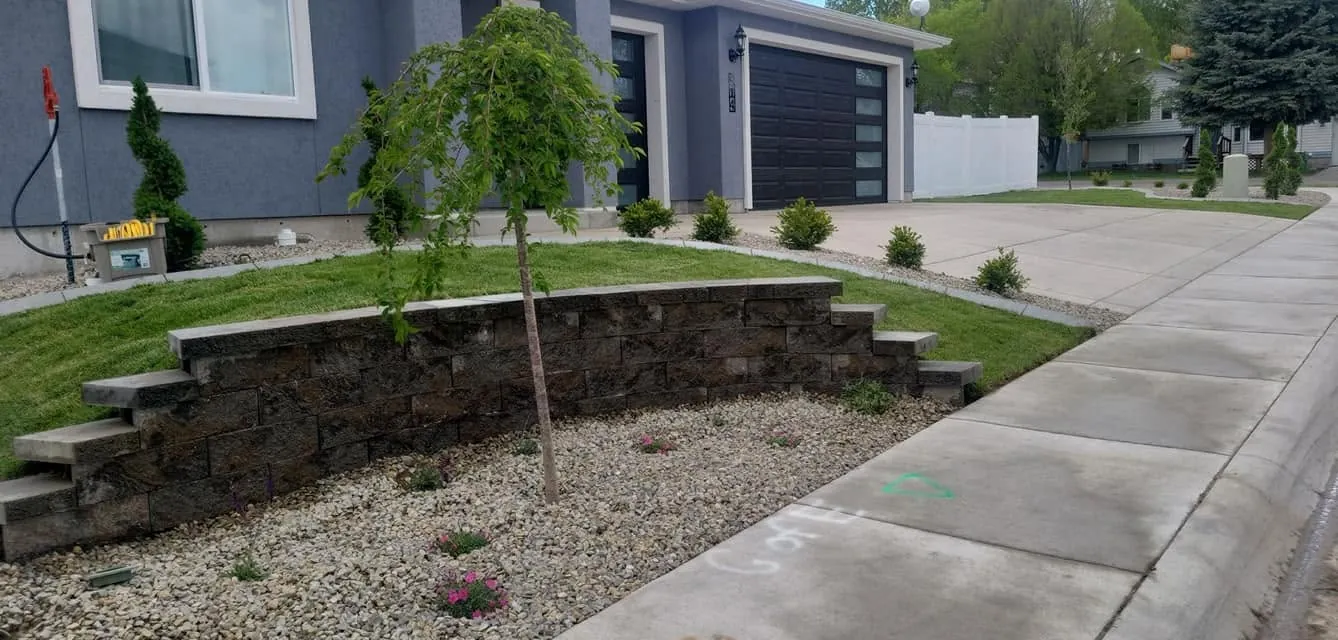Low curved block retaining wall separating a sod lawn from a decorative rock bed with a young weeping tree.
