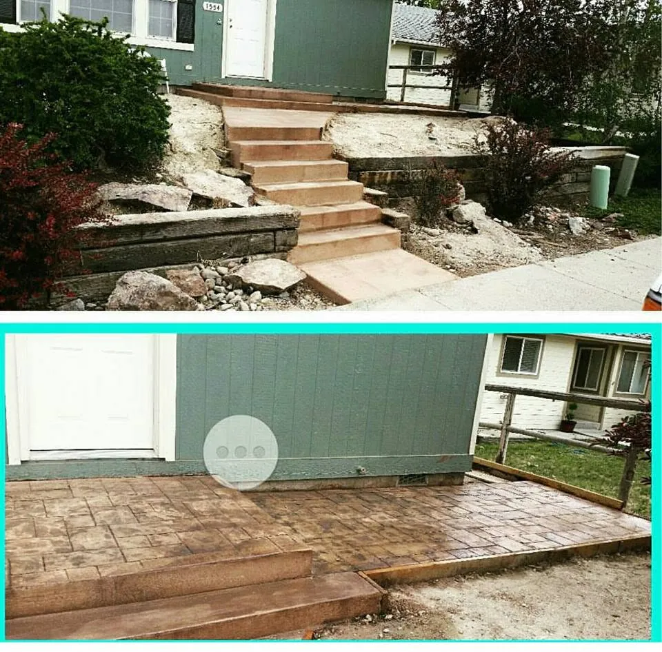 Before and after of a sloped front yard: old concrete steps and railroad ties replaced by a tan stamped concrete patio with broad steps.