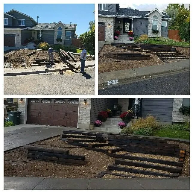 Workers removing old railroad ties, and the finished tiered timber steps and gravel terraces leading to a gray house.