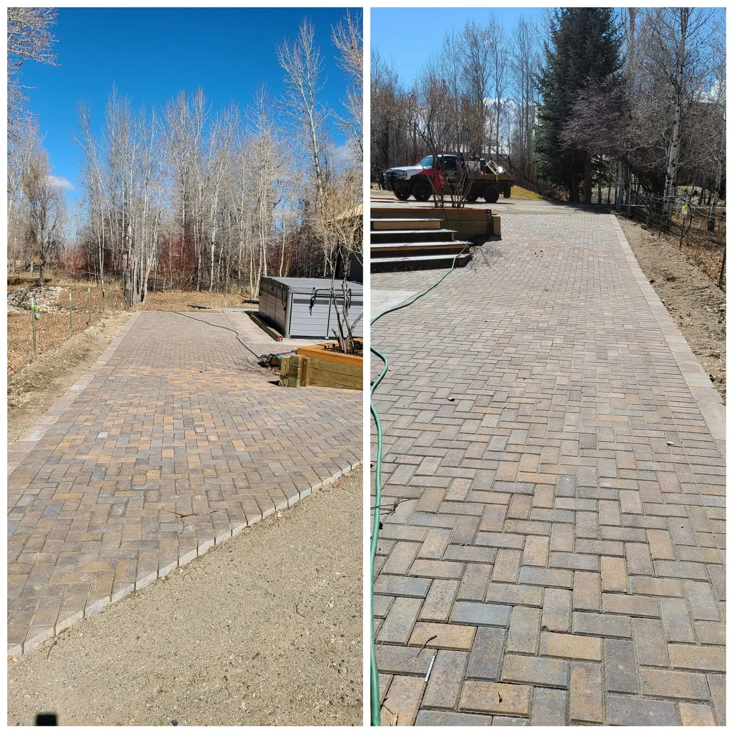 Herringbone paver path and driveway with a soldier-course border leading past a hot tub, surrounded by aspens and evergreens.