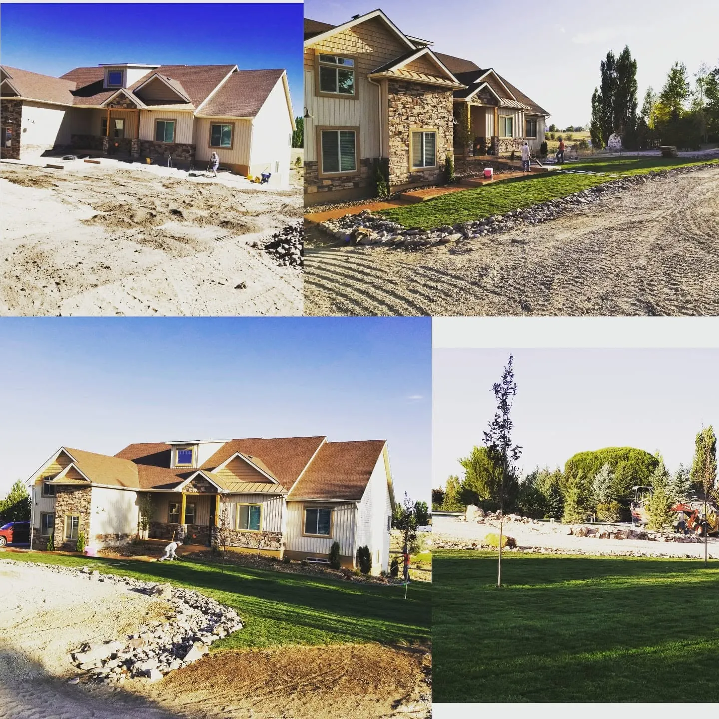 New craftsman-style home yard going from bare graded dirt to new sod, river rock beds, boulders and a young tree.