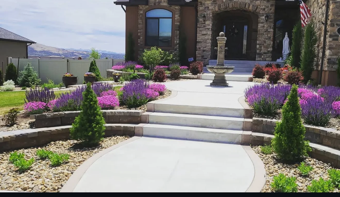 Entry steps and a curved walkway bordered by shrubs, purple flowers and stone edging.
