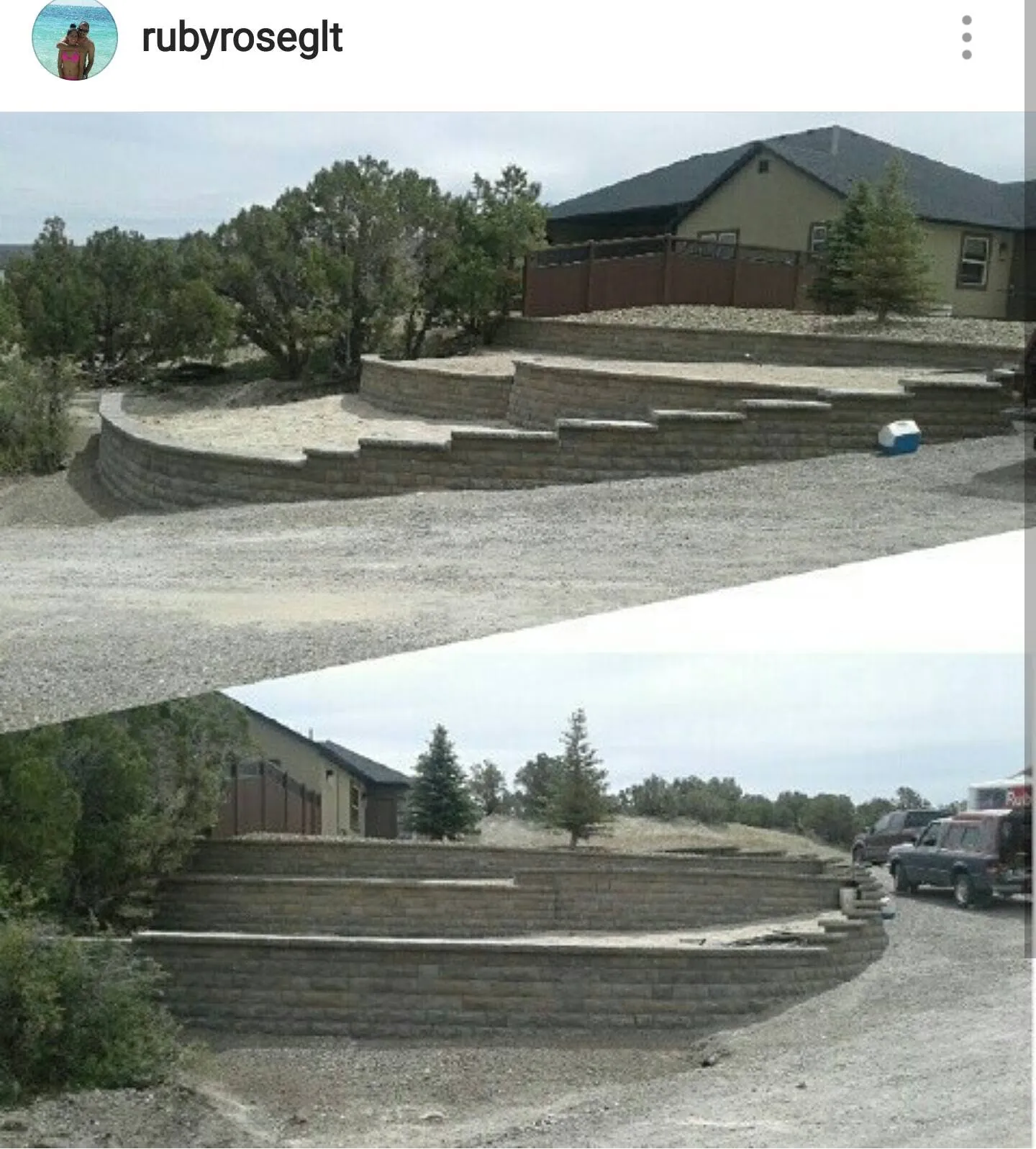 Tiered curved block retaining walls stepping up a slope toward a tan house with junipers and pines around it.