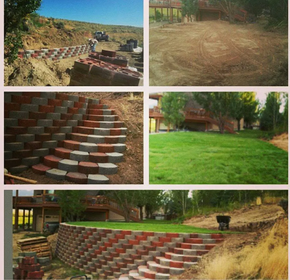 Crew building a curved red and gray block retaining wall below a home, and the finished wall with new sod on top.
